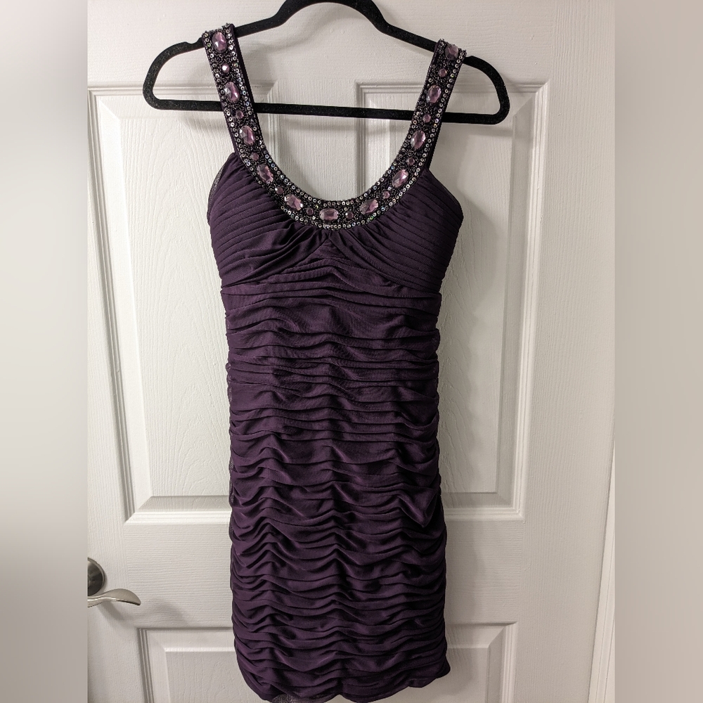 Cache Dark Purple Ruched Embellished Cocktail Dress, Size 2 / 4